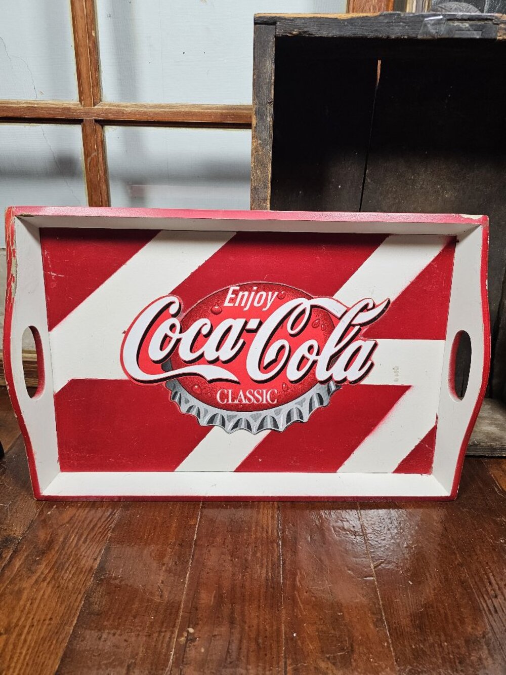 Coca-Cola Candy Stripe Red & White Wooden Serving Tray